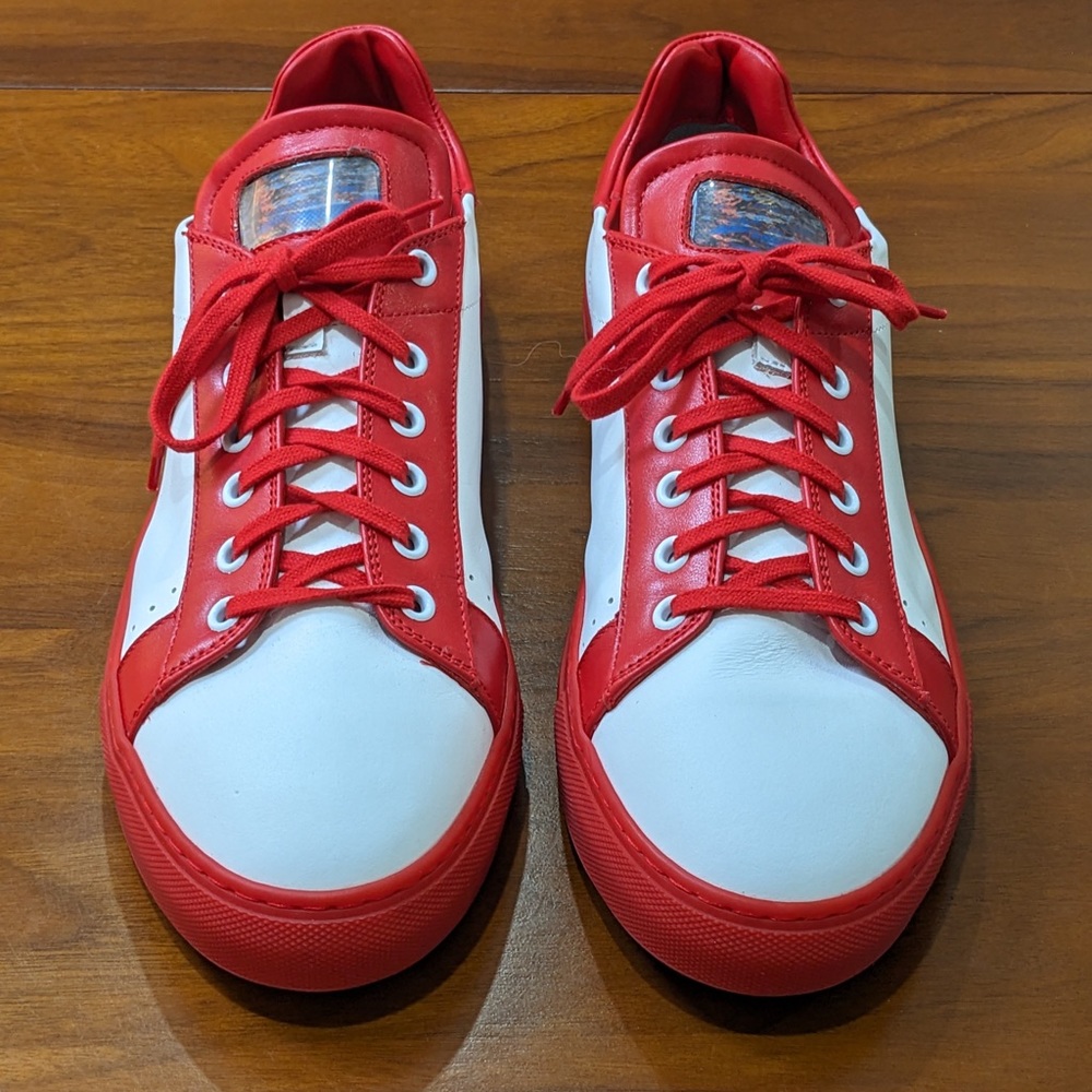 White Leather Flat Sneakers with Red Detailing and Sole, Designer: Unknown